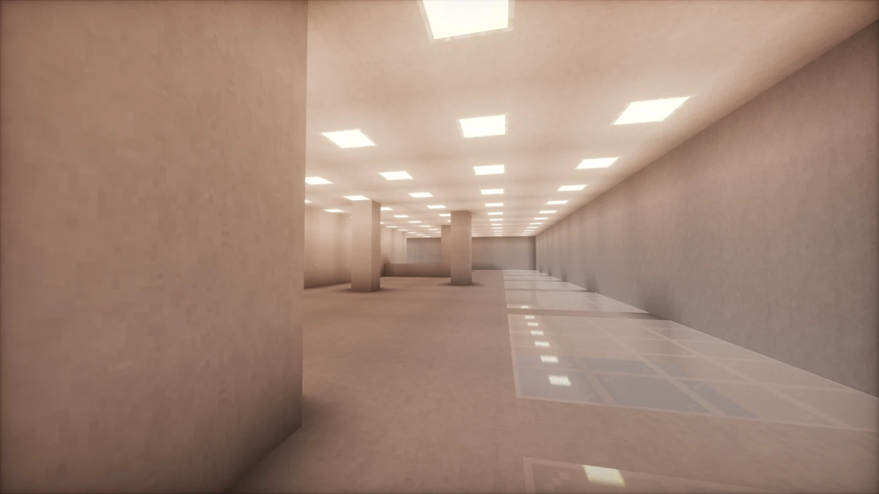 Empty white hall lit by ceiling panels in The Backrooms