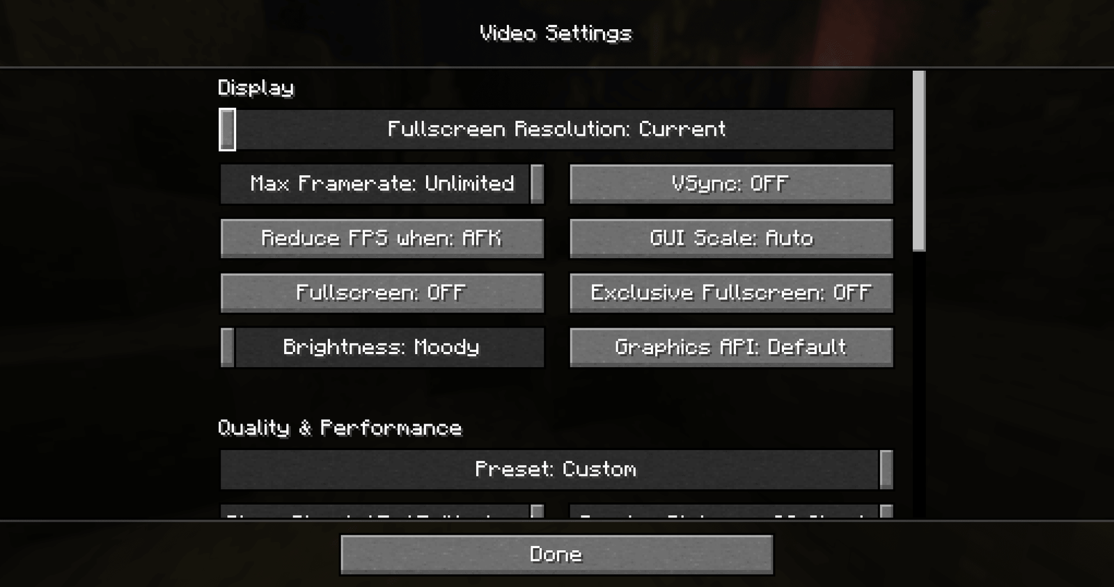 A Minecraft Video Settings screen showing Display and Quality and Performance options, with no Shader Packs entry among them