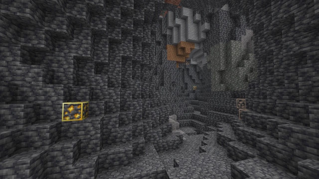Gold ore outlined in a dark cave with the Visible Ores texture pack