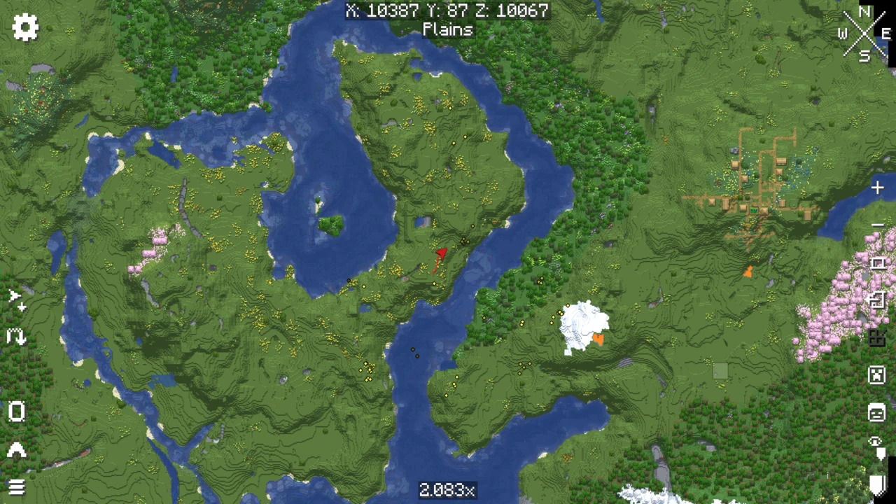Fullscreen top-down map of plains with a winding river, lakes and cherry groves, labelled Plains