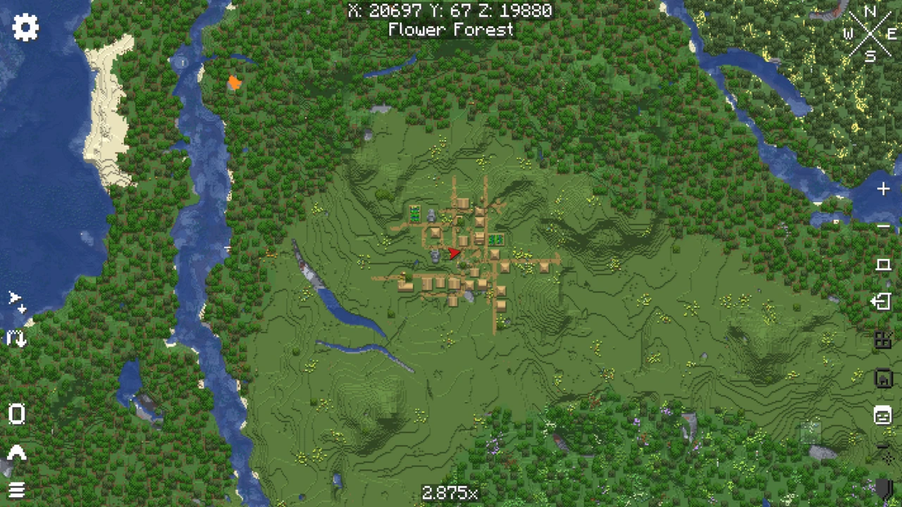 World map of a village in a flower forest between two rivers